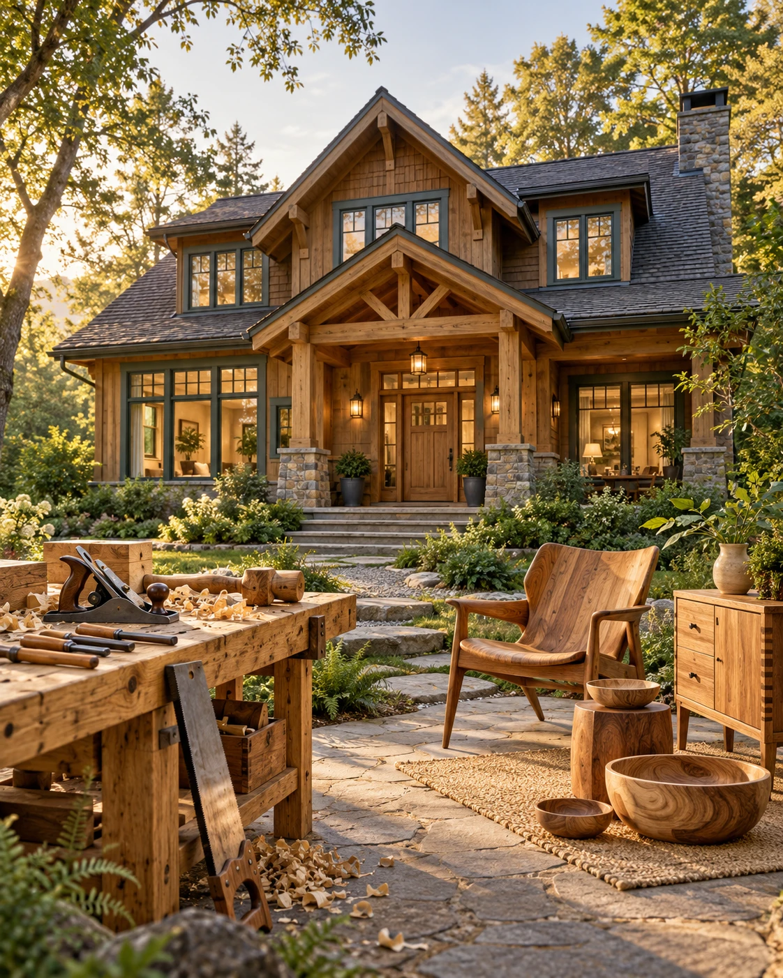 Beautiful timber house with carpentry hand tools on the left and handcrafted wooden furniture and bowls on the right
